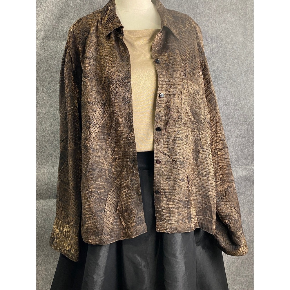 Chico's Metallic Bronze Snake Leaf Print Button Jacket Top Size 3 (L/XL) - Picture 5 of 16